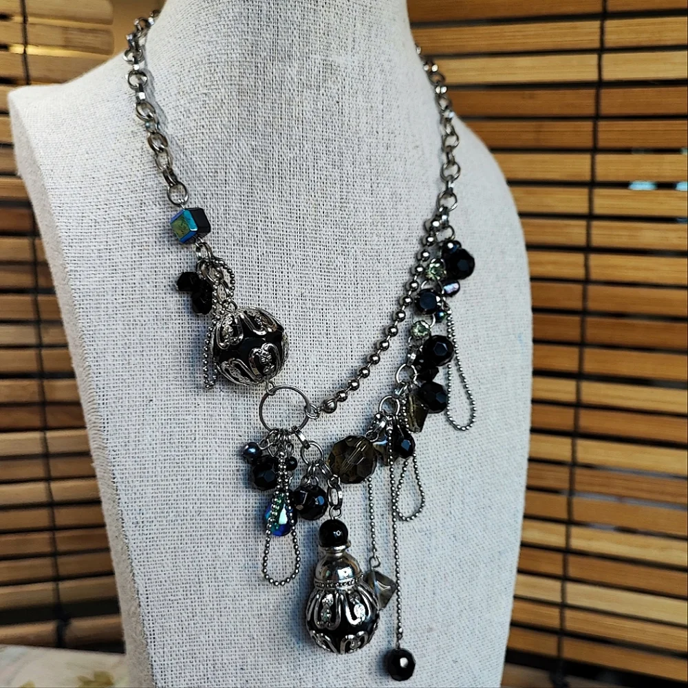 Silver Tone Ball Chain Asymmetrical Black Glass Oil Slick Big Bell Cap Necklace